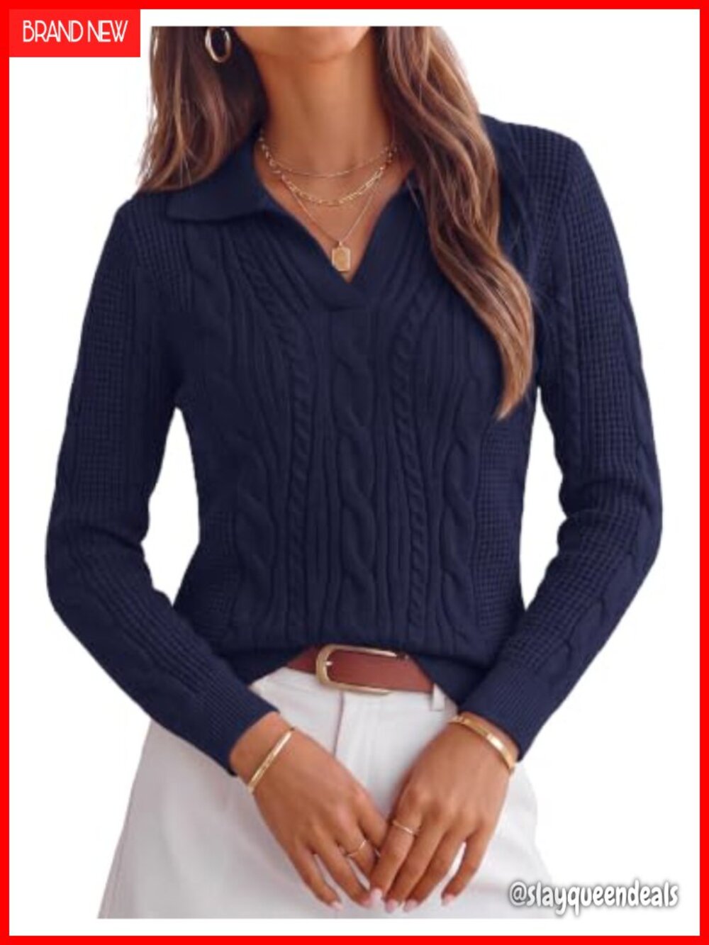 Cable Knit V-Neck Polo Pullover Sweater Long Sleeve Fall Winter